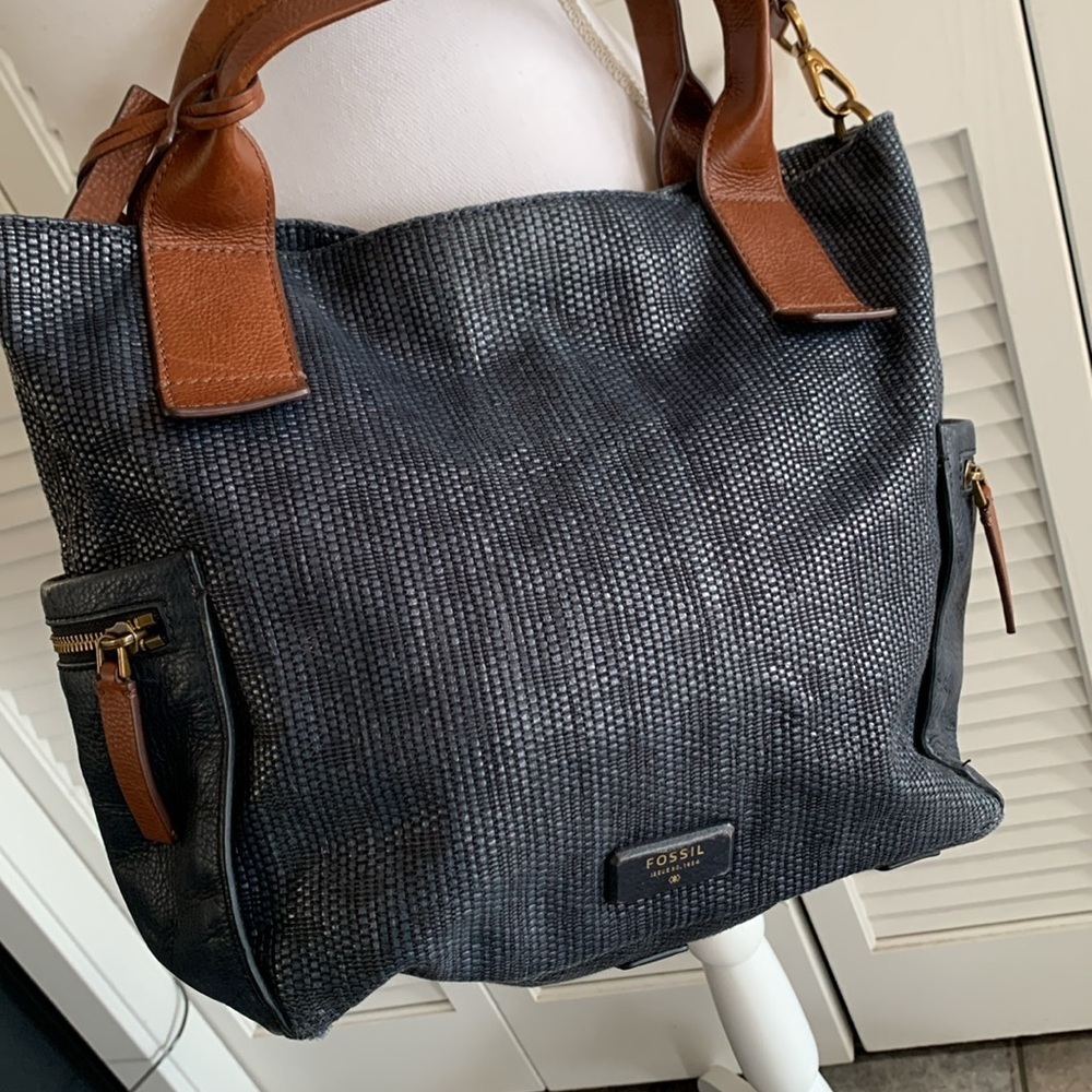 Fossil Emerson Satchel Purse Navy Blue Straw Leather Trim & Straps Crossbody Bag - Picture 2 of 14
